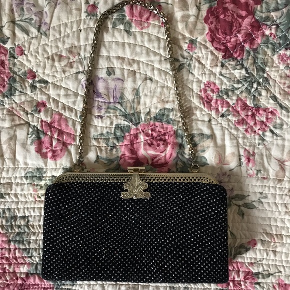 Gorgeous Art Deco Black Vintage Velvet Clutch  / Evening Purse With Gold Chain - Picture 2 of 9